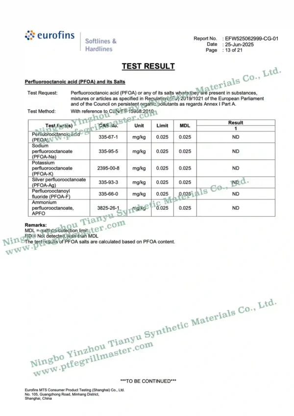 alt="LFGB Certified PTFE Grill Mats: PFOA/PFAS Non-Detected (Eurofins Lab Report)"