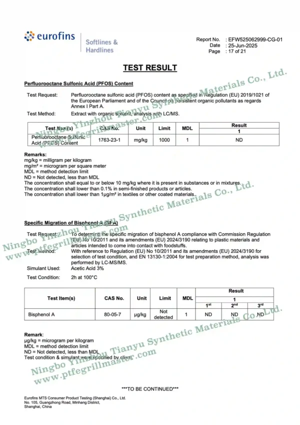 alt="LFGB Certified PTFE Grill Mats: PFOA/PFAS Non-Detected (Eurofins Lab Report)"
