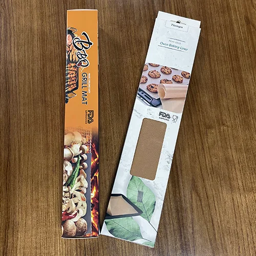 Premium custom color box packaging for PTFE non-stick baking liner and grill mat, showing design with optional integrated hang tags