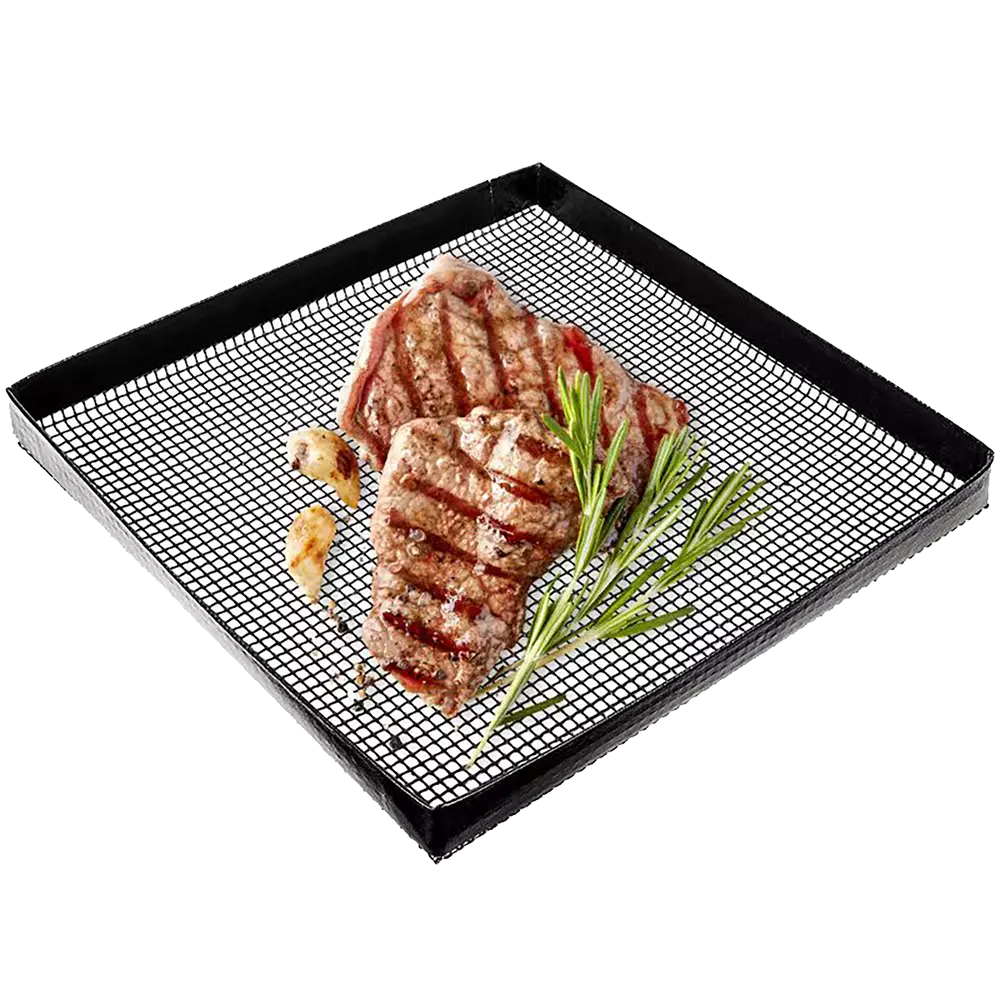 PTFE non-stick coating on a fiberglass mesh creates a reusable, easy-clean barbecue grill tray that prevents food from sticking.