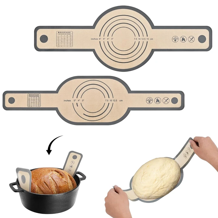 Custom shaped silicone baking mat with lifting tabs for easy Dutch oven bread baking.