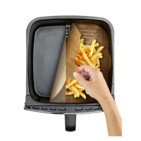 PTFE kitchen mats & liners 2-pack cut-to-fit air fryer sheets showing non-stick mesh with fries.