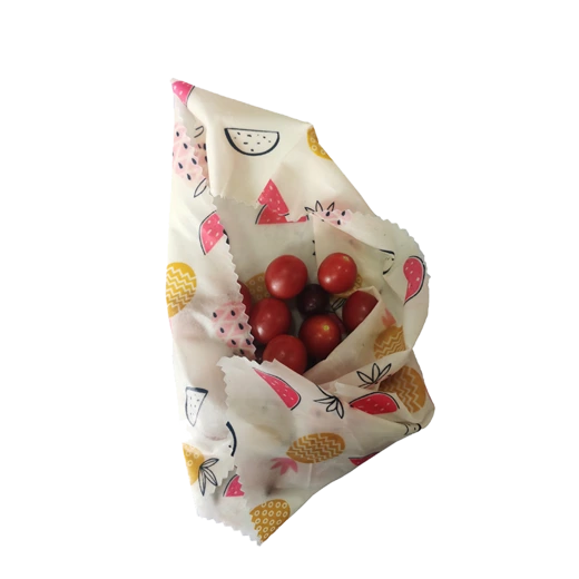 Custom fruit printed reusable beeswax food wraps wholesale sheet wrapping fresh cherry tomatoes.