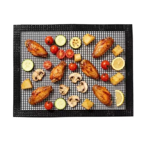 Bound Edge PTFE Grill Mesh Mat Wholesale product used for grilling chicken wings and vegetables