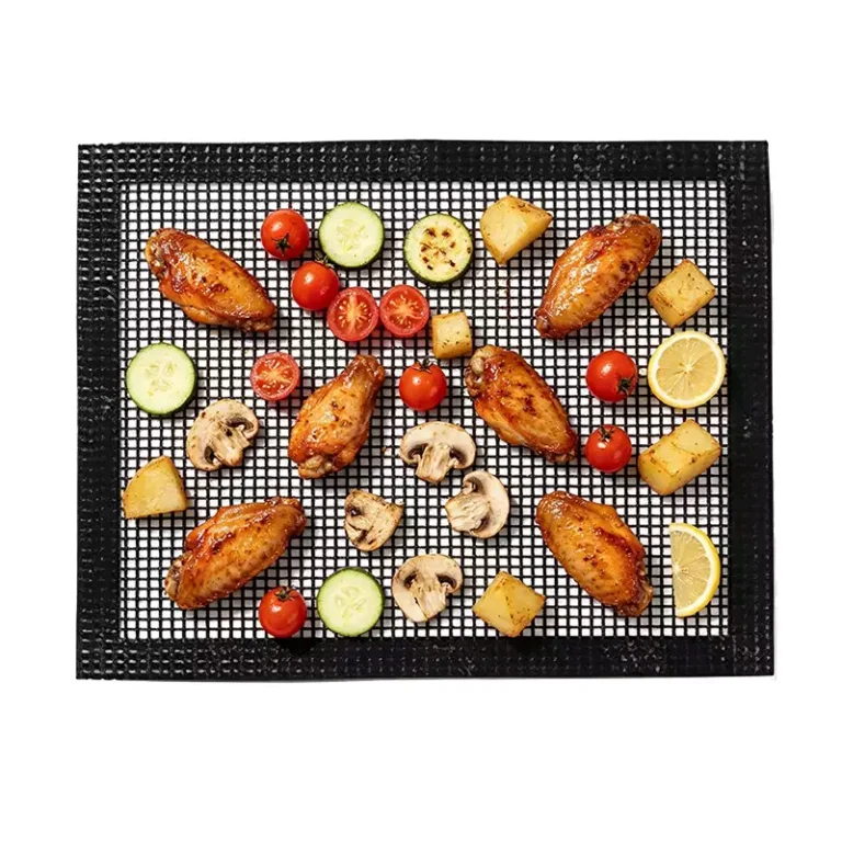 Bound Edge PTFE Grill Mesh Mat Wholesale product used for grilling chicken wings and vegetables