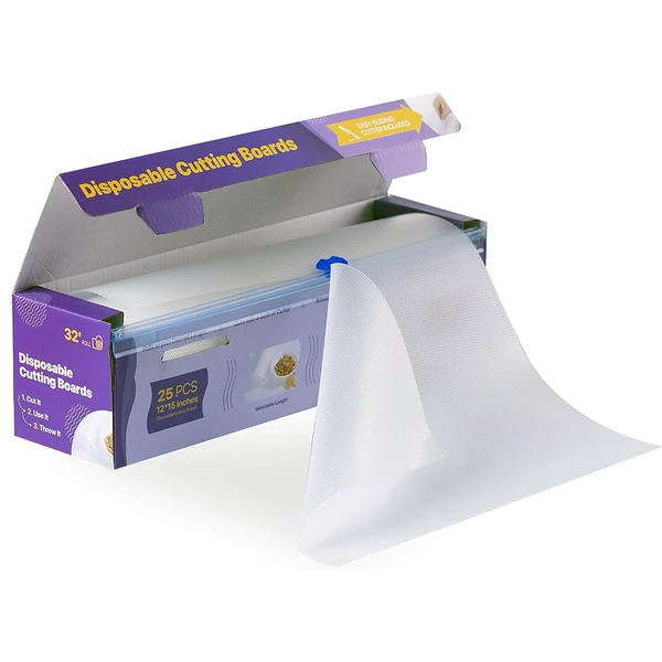A customized retail packaging box of disposable cutting board mats wholesale roll featuring an integrated smooth slider cutter.