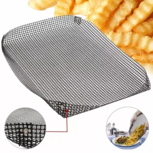 Preformed PTFE Grill Mesh Tray Wholesale main product showing metal grommet riveted corners and french fries roasting application