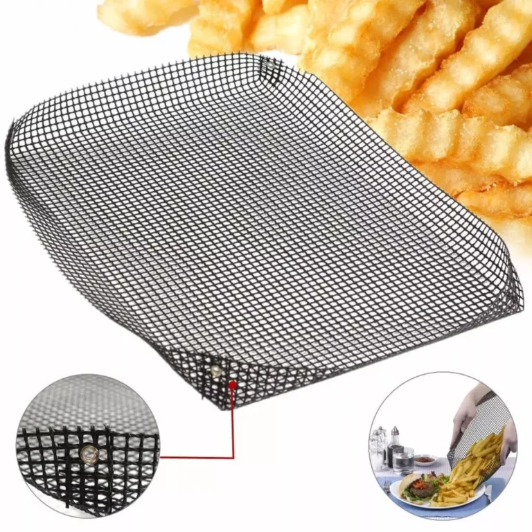 Preformed PTFE Grill Mesh Tray Wholesale main product showing metal grommet riveted corners and french fries roasting application