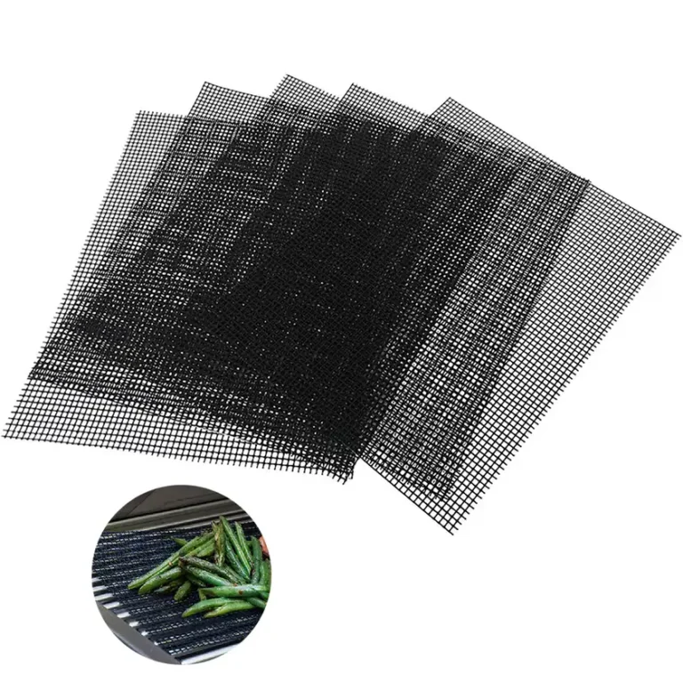 Standard Non-Stick PTFE BBQ Grill Mesh Mat Wholesale products stacked in a set with an in-use grilling circular inset
