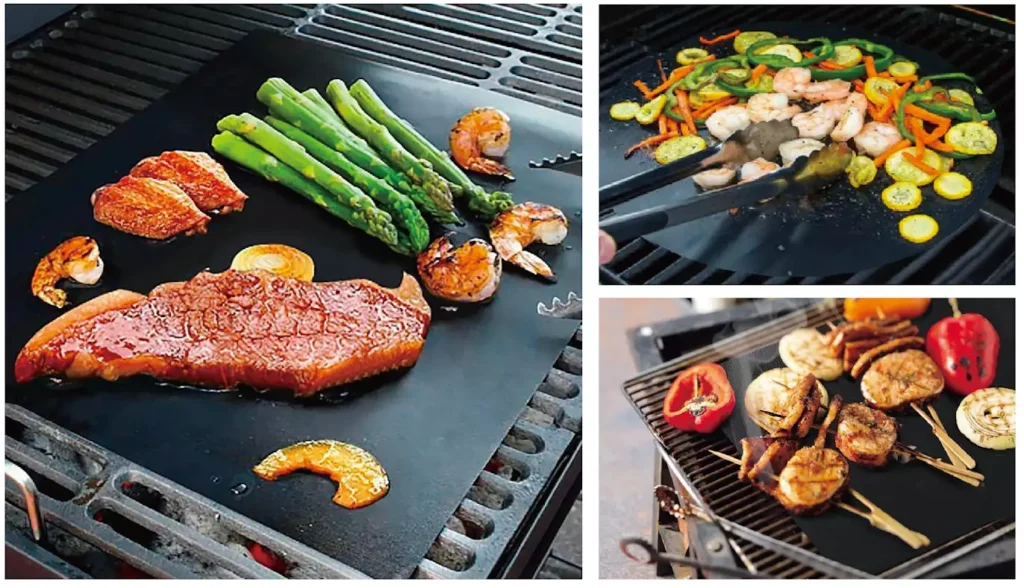 Application scenarios of premium PTFE grill mat wholesale showing superior non-stick performance during commercial outdoor BBQ grilling of steaks and vegetables