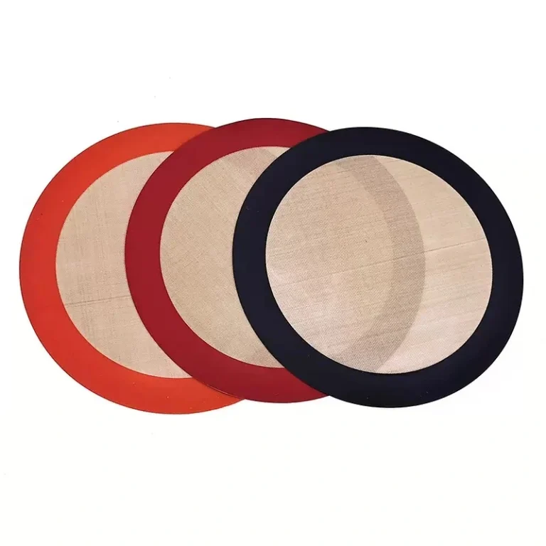 A row of non-stick circular silicone baking mats for cake tins showcasing premium food-grade liquid platinum coating finishes and custom color rim selections.