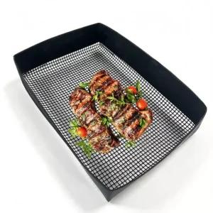 Deep PTFE Bound Edge Grill Mesh Basket Wholesale main product showing 5cm high walls loaded with barbecue beef skewers