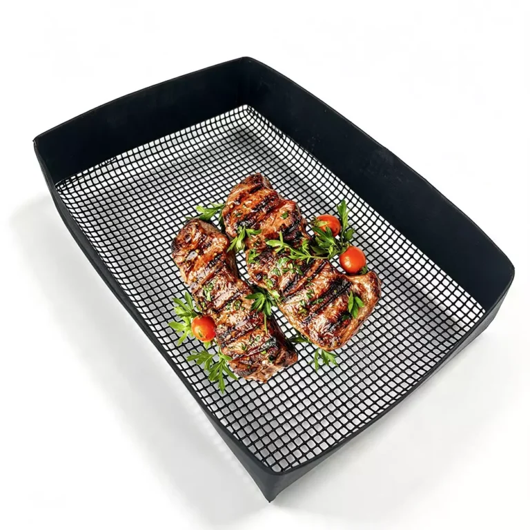 Deep PTFE Bound Edge Grill Mesh Basket Wholesale main product showing 5cm high walls loaded with barbecue beef skewers