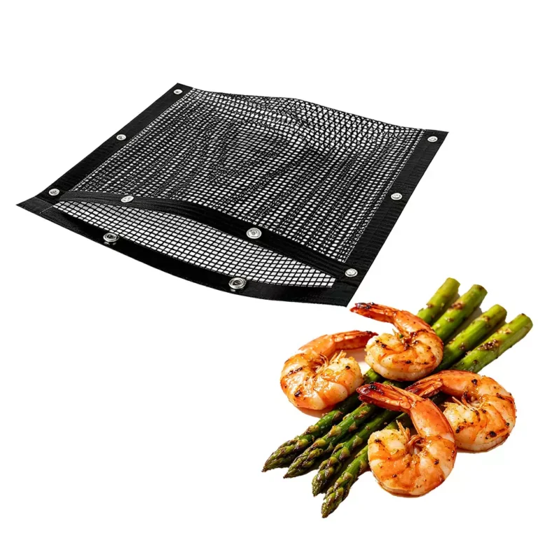 PTFE Mesh Grill Bag with Eyelets for wholesale B2B sourcing, featuring heavy-duty rust-resistant metal grommets and snap buttons, shown with grilled shrimp on a white background.