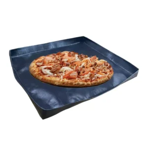 Premium ptfe grill tray with fabric edge loaded with a freshly baked pizza to showcase its flexible 3D non-stick baking pan utility.