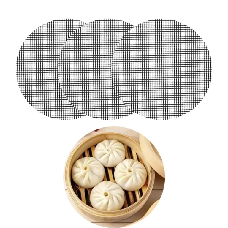 A precision round non-stick PTFE mesh steamer mat template displayed flat for bulk B2B wholesale private label kitchenware sourcing.