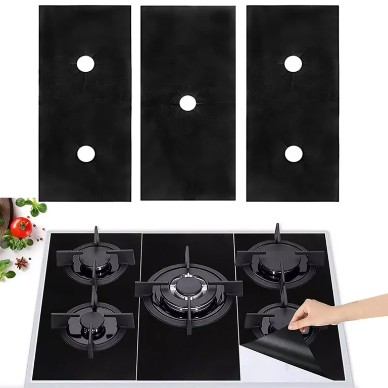 Premium 3-piece full coverage non-stick sheets manufactured by leading gas stovetop covers supplier Tianyu Synthetic, showing a 5-burner stovetop layout.