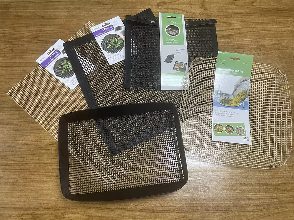 PTFE grill mesh supplier product showcase by Tianyu Synthetic, featuring non-stick grilling mats, mesh bags with eyelets, and rigid steel frame baking trays.