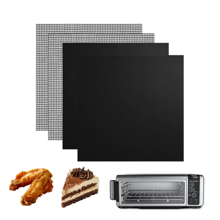 A premium multi-pack toaster oven liner set combining charcoal black solid mats and open-mesh sheets next to a compact countertop convection oven for bulk B2B wholesale.