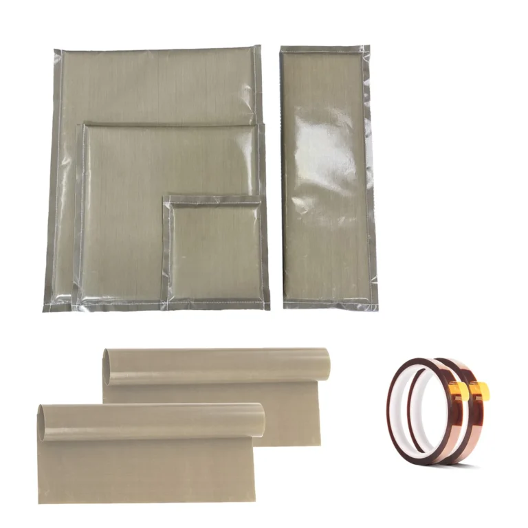 An 8-piece **heat press pillow bundle wholesale** collection showing 4 multi-size PTFE pressing pillows, 2 non-stick transfer sheets, and 2 rolls of heat resistant tape on a clean background.