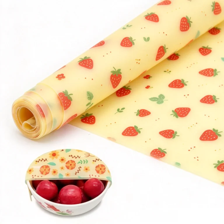 Wholesale custom printed beeswax food wrap rolls featuring strawberry patterns with eco-friendly kitchen storage application demonstration.