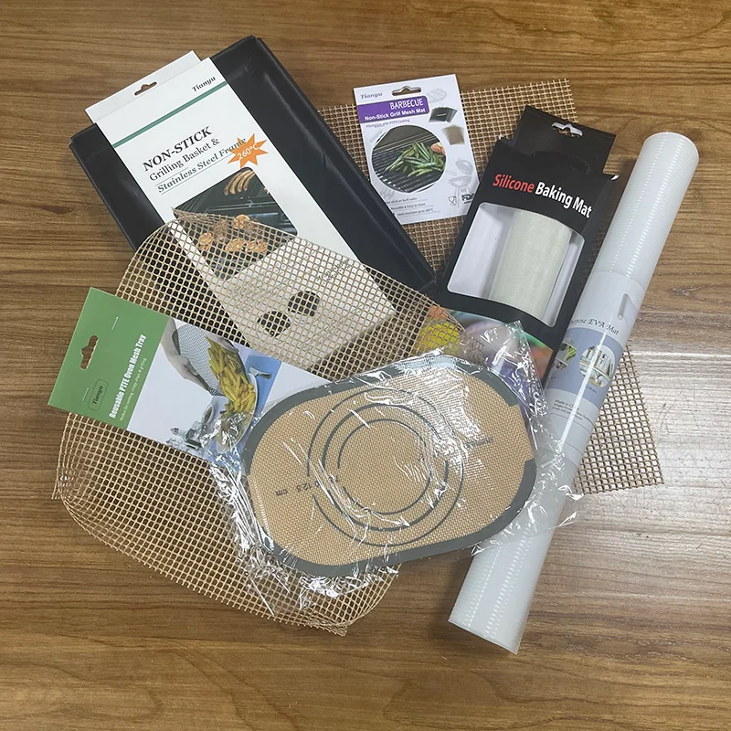 A versatile **kitchenware cross category sourcing** matrix display showing our factory-direct PTFE non-stick grilling baskets, mesh mats, platinum silicone baking liners, and waterproof EVA roll materials.